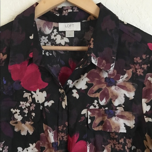Floral Print LOFT Shirt Blouse Black Pink Cream M - Picture 4 of 6